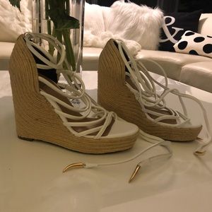 White strappy leather braided espadrille wedge
